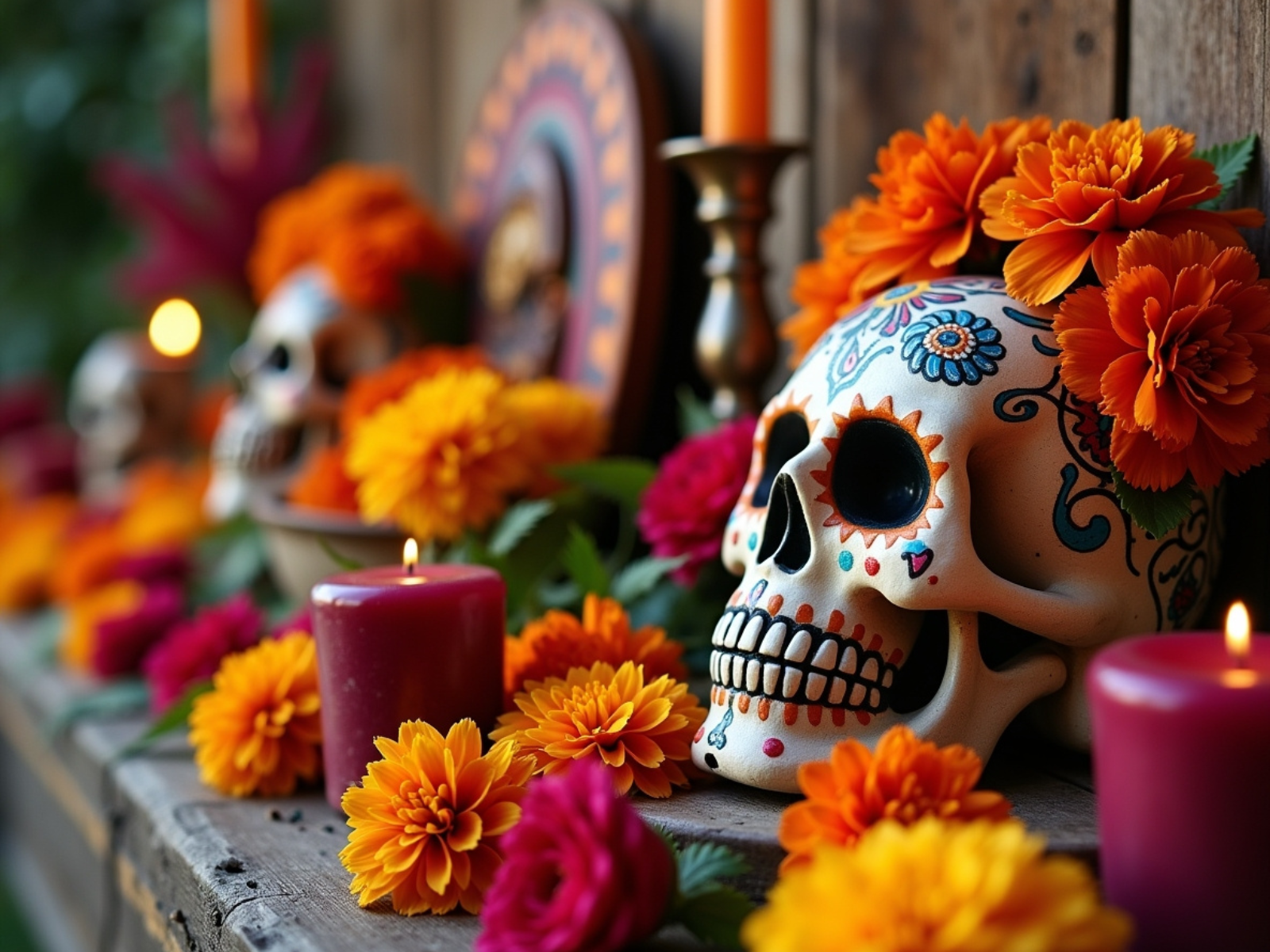 Altar de Día de los Muertos con calaveras decoradas, flores de cempasúchil y velas